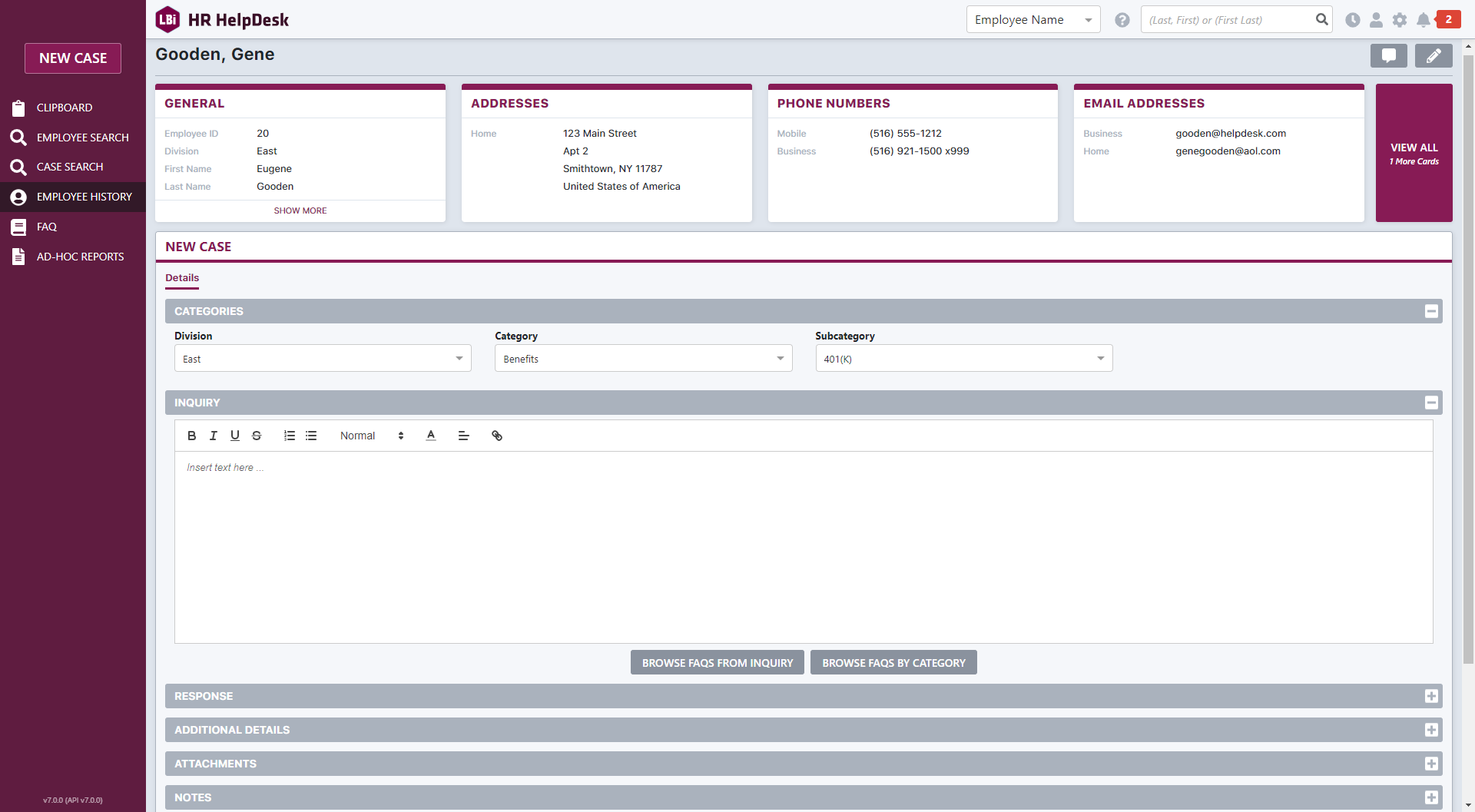confidential data HR HelpDesk New Case Entry